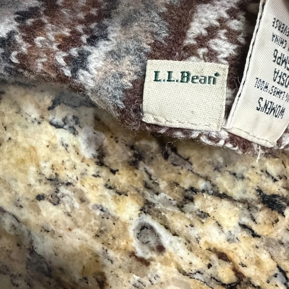 LL Bean Scarf Womens Brown Fair Isle Snowflake 100% Lambswool Knit OSFA 0GMP6